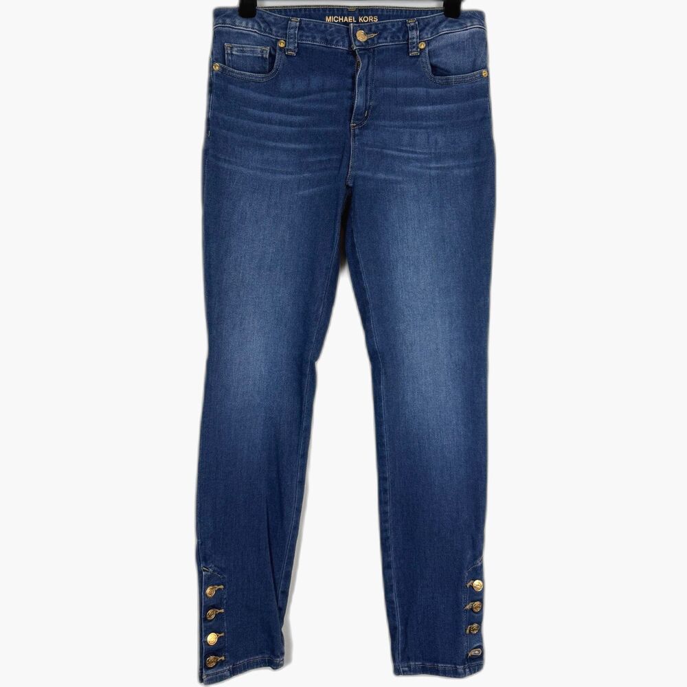 Michael Kors Izzy Skinny Jeans Womens 4 Dark Wash Gold Button Ankle Stretch